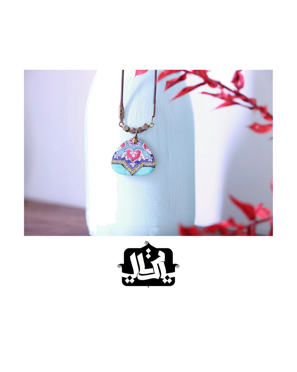 Zomorrod Rounded Triangle Tile Necklace Turquoise – lifestyle, hand-cut air-dried Persian tile